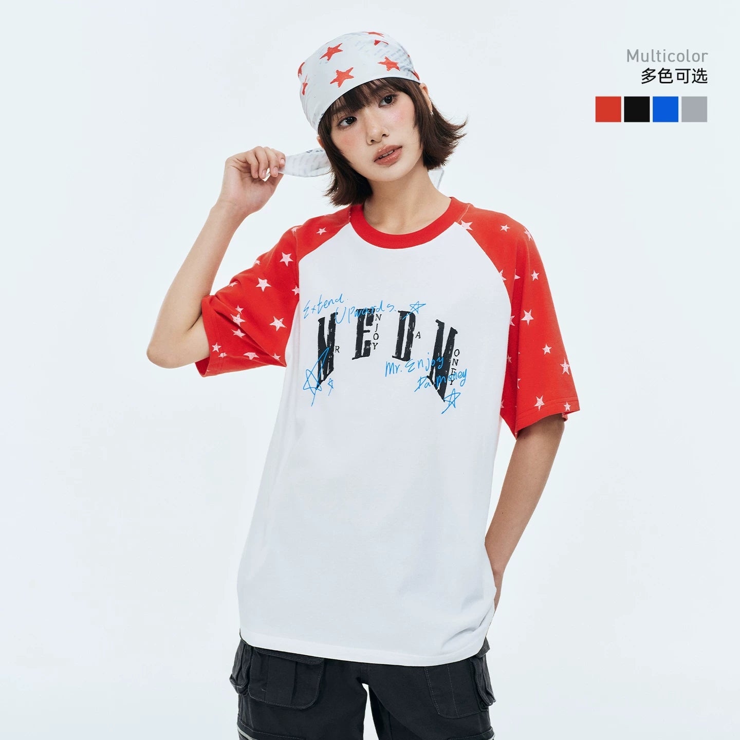 MEDM Handwritten Graffiti Printed Stars Full Print Casual Off Shoulder Short Sleeve Men's and Women's Loose Round Neck T-shirt Summer