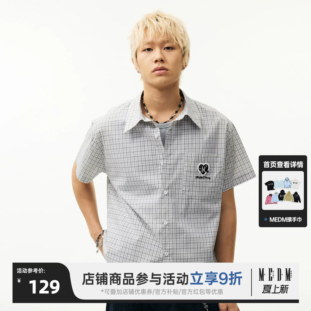 MEDM Love Toothbrush Embroidered Plaid Casual Short Sleeve Shirt for Couples, Retro Plaid Loose Outer Shirt for Men