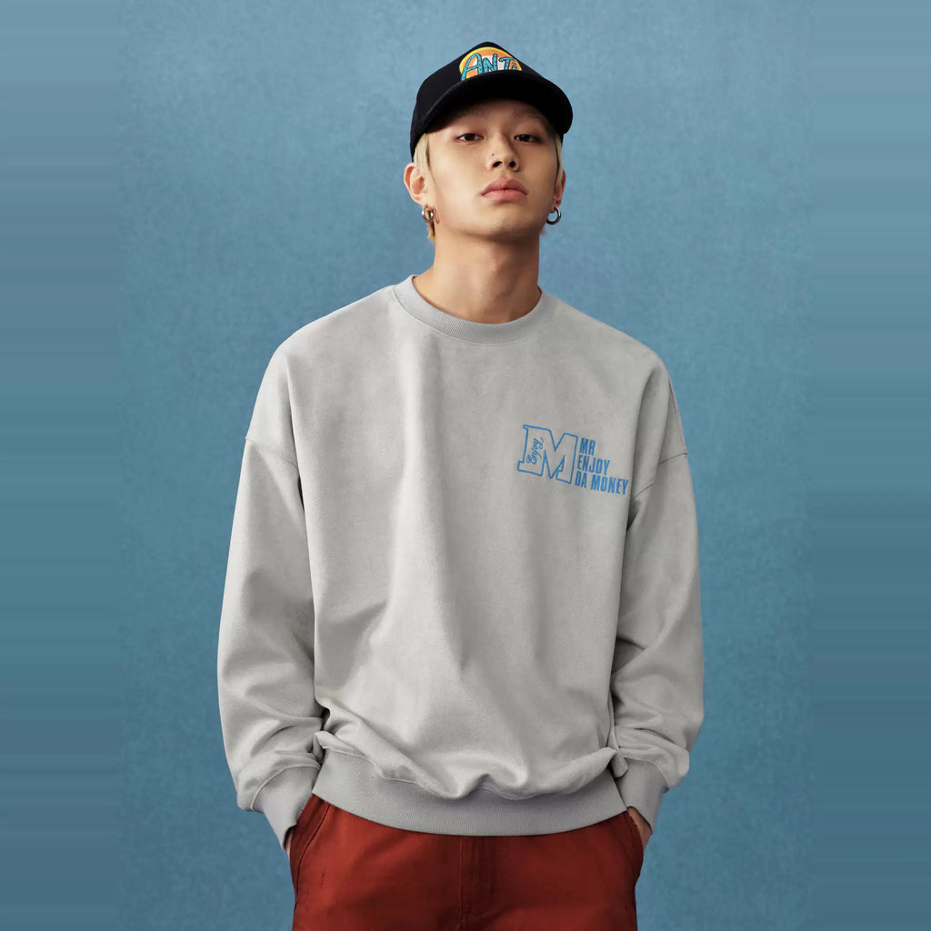 MEDM25SS embroidered suede hoodie men's spring and autumn trendy brand American casual simple round neck pullover top