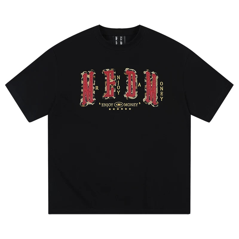 MEDM letter leather short sleeved T-shirt for men 2026 new style American retro casual five and a half sleeved shirt tee