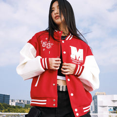 MEDM color blocking patchwork nail pearl casual stand up baseball jacket autumn American men's and women's loose long sleeved jacket jacket