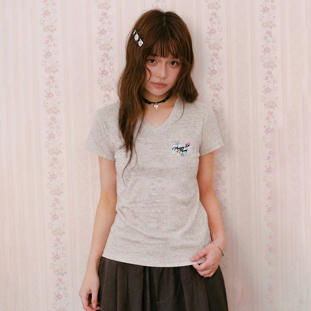 MEDM V-neck vortex star sticker leather embroidery casual short sleeved retro girl style slimming short style high waist top summer