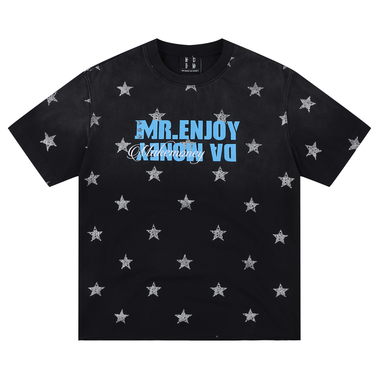 MEDM contrasting logo printed with stars, washed and worn, casual round neck T-shirt, American retro loose short sleeved for men and women