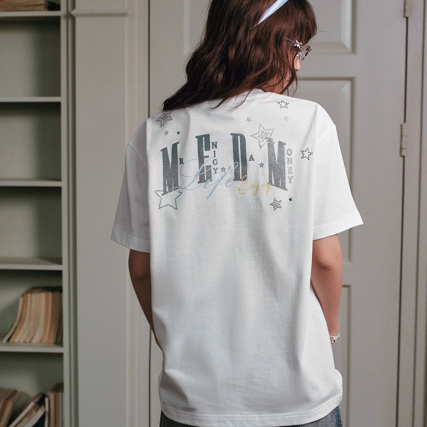 MEDM Sparkling Pink Star Hot Diamond Logo Casual Round Neck T-shirt American Street Versatile Loose Couple Short Sleeve Summer