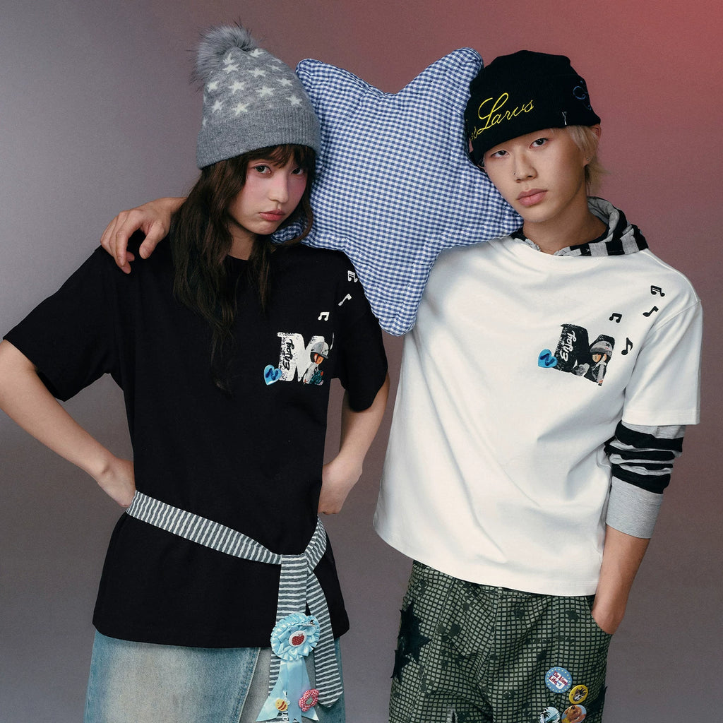 MEDMxNEWMASUS collaboration back-to-back letter print casual versatile round neck couple short sleeved T-shirt for summer