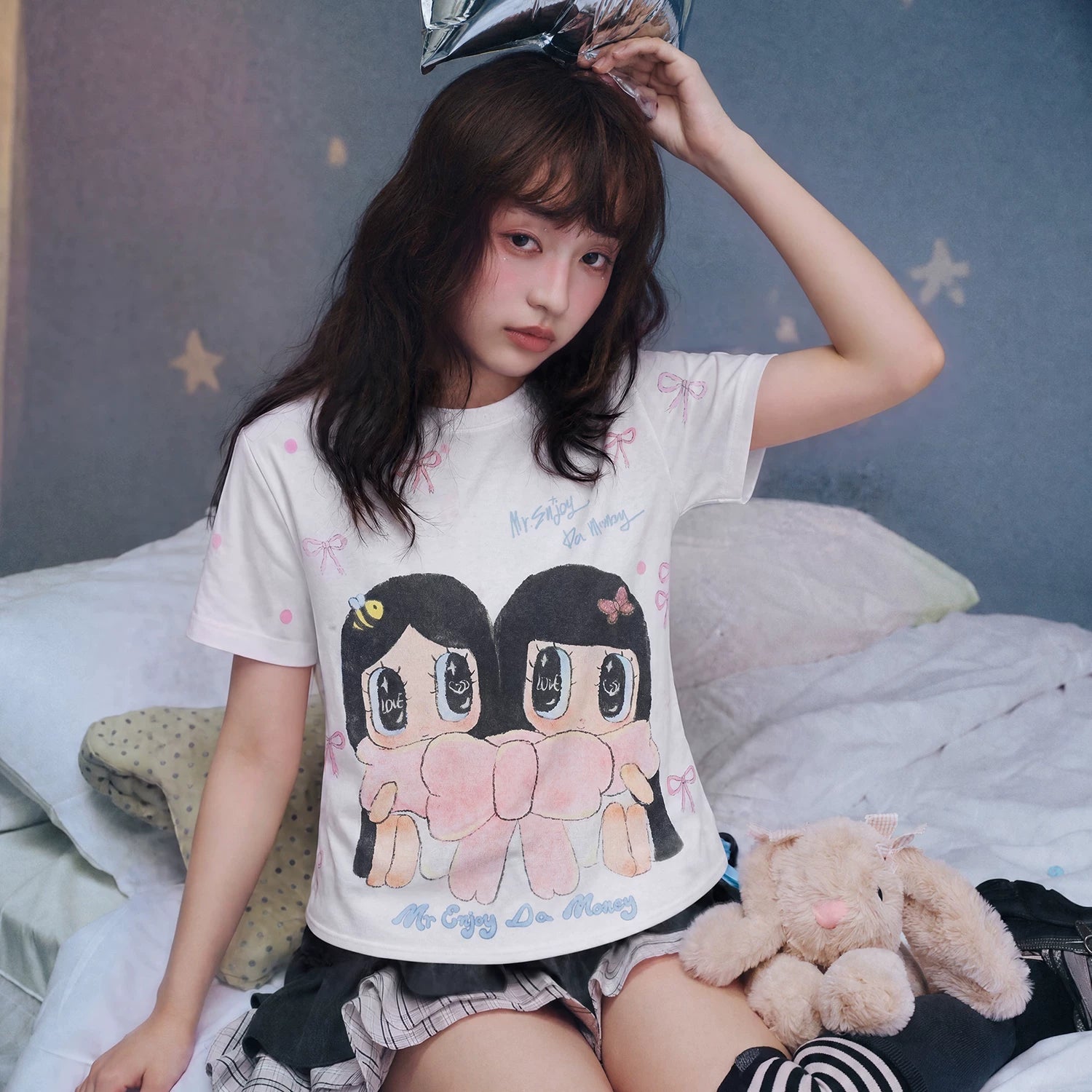 MEDM × Iria mailbox collaboration mailbox bow double printed logo slim fit short sleeved casual T-shirt for women