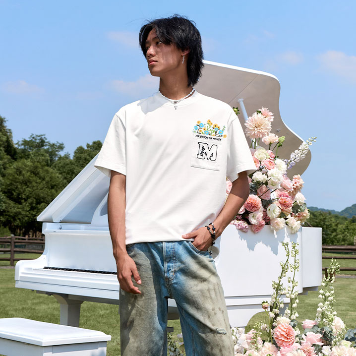 MEDM Pocket Flower Blossoms Short Sleeve T-shirt Men's Summer Loose Couple Top Round Neck Half Sleeve Trendy Casual