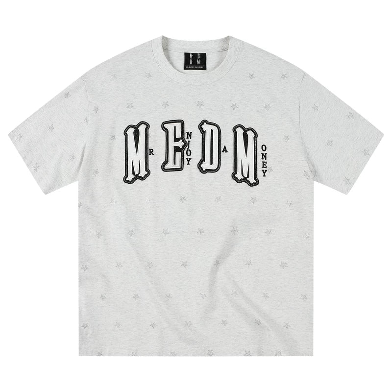 MEDM Sparkling Pink Little Star Full Print Double layer Leather Patch Embroidered Casual Round Neck Short Sleeve Washed Outdated Broken Hole T-shirt