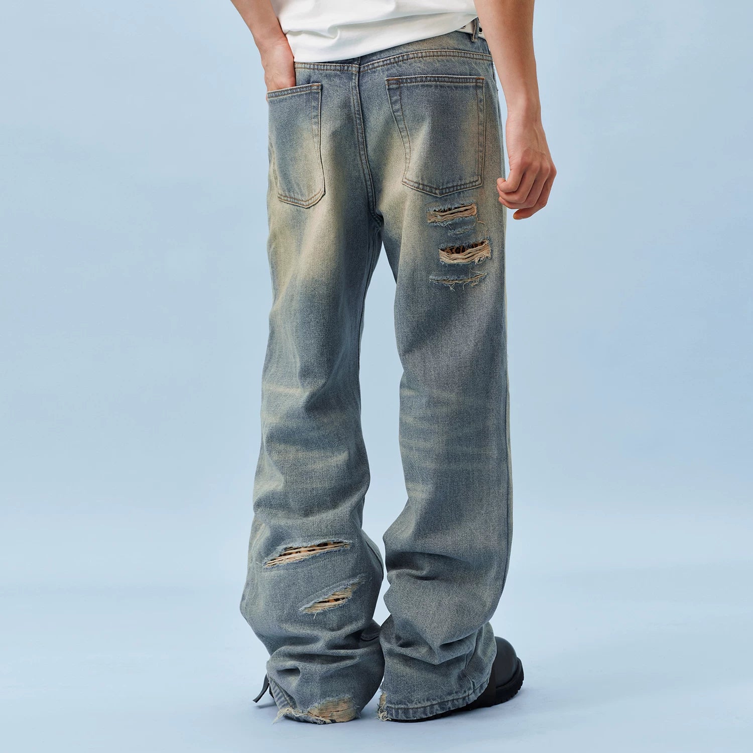 MEDM bamboo striped denim with heavily worn leather, patchwork horsehair, micro flared jeans, washed and worn casual pants for men
