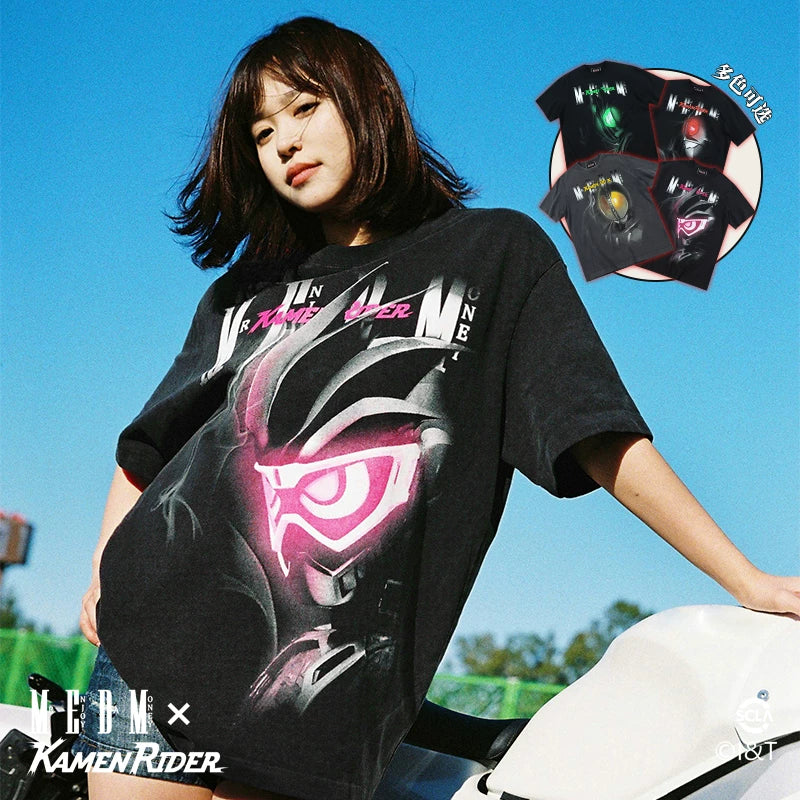 MEDMx Kamen Rider Neon Style Series Short Sleeve T-shirt Men's Summer American Retro T-shirt Casual Top