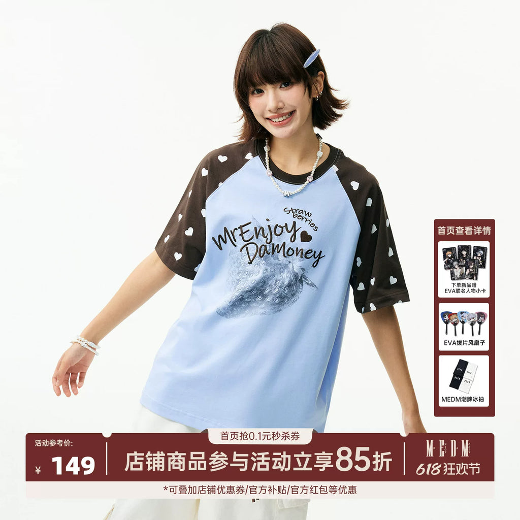 MEDM vintage washed strawberry printed raglan sleeves with heart-shaped polka dot short sleeves, trendy street girl style casual T-shirt