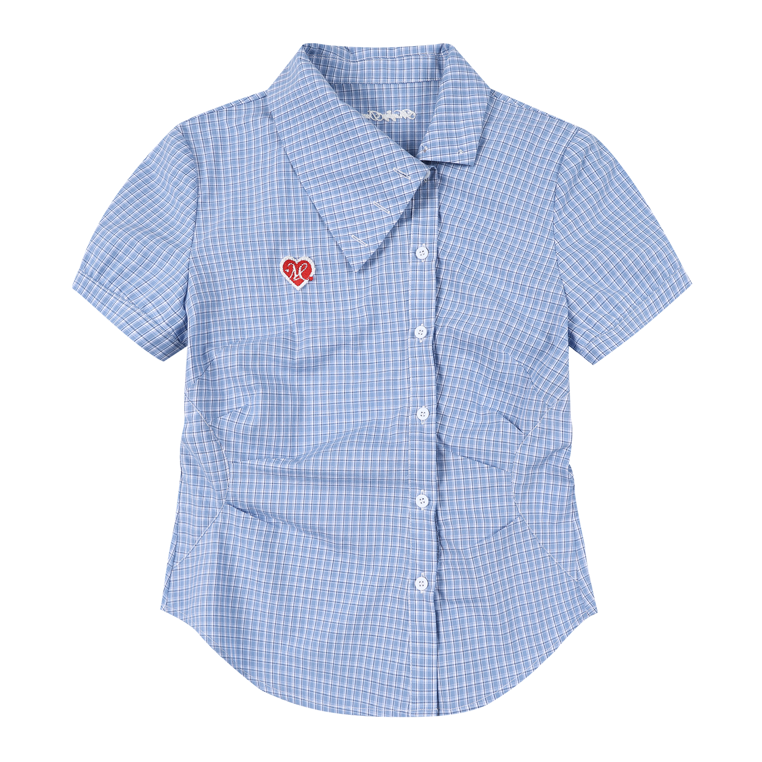 MEDM heart-shaped checkered slanted waist casual short sleeved shirt with sweet and cool embroidery, slim fit and slimming short top for women