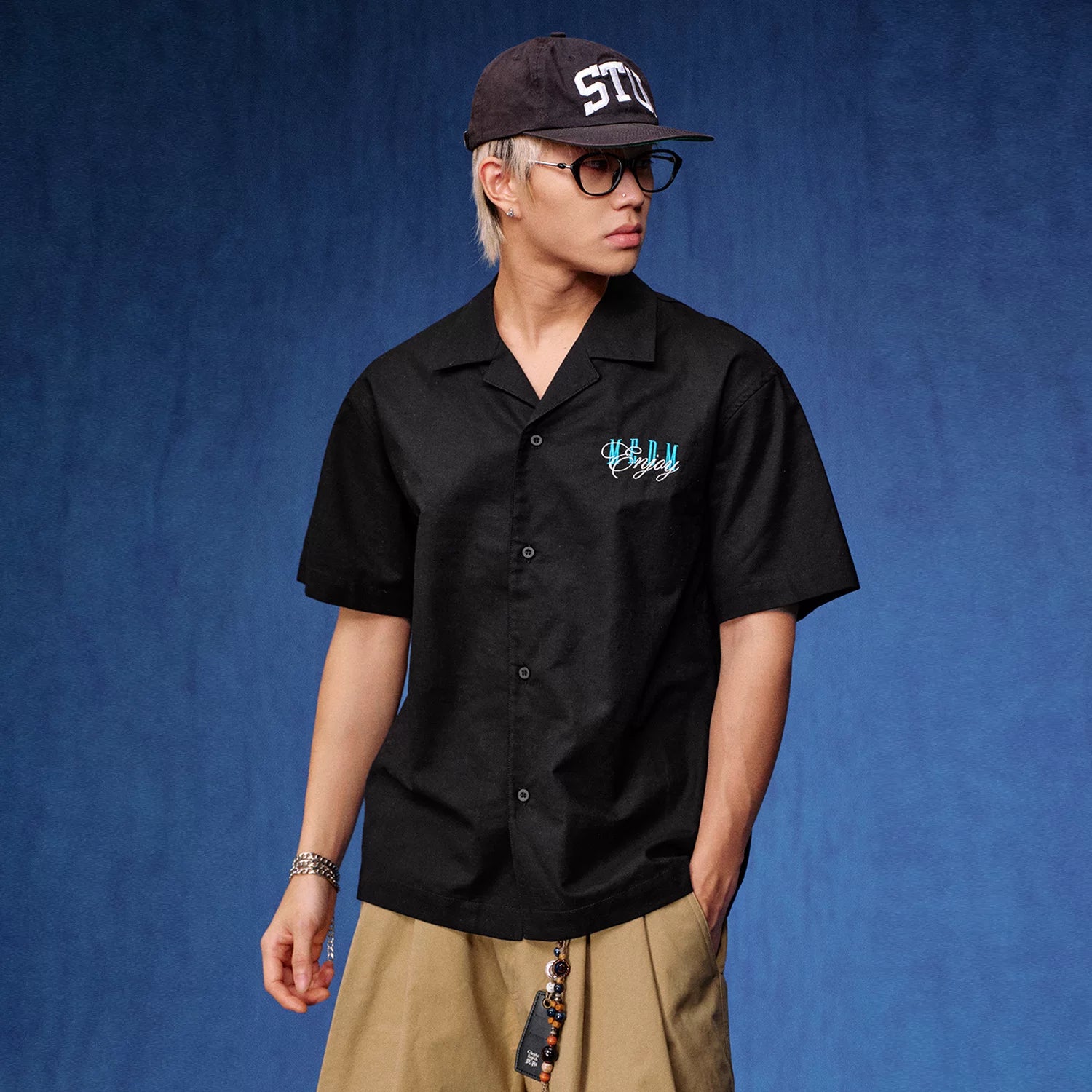 MEDM contrasting lazy style letter embroidery linen loose short sleeved shirt street retro casual top for men and women