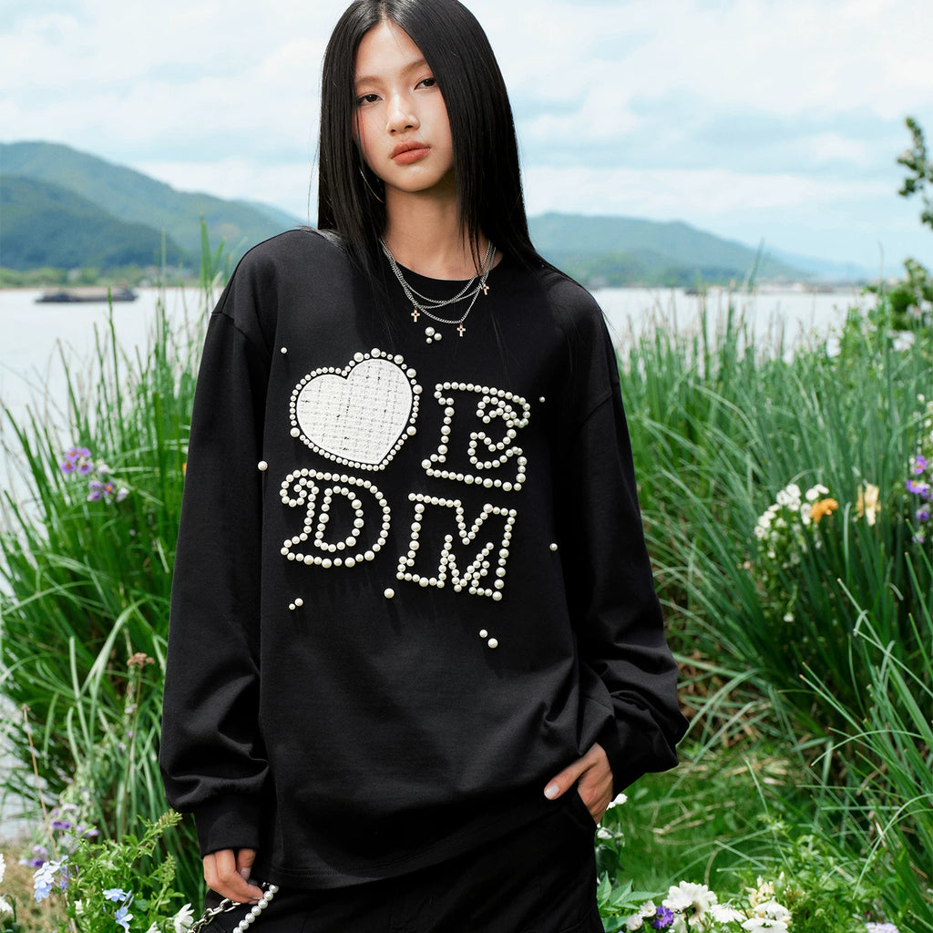 MEDM Love Sticker Small Fragrant Fabric Nail Bead Long Sleeve T-shirt Street Trendy Brand Couple Casual Bottom Shirt Top Autumn