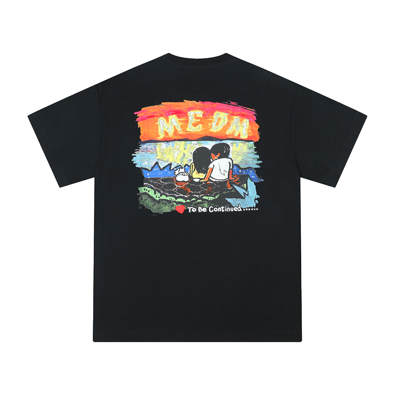 MEDMxNewsus collaboration seaside sunset print short sleeved T-shirt for men and women in summer, loose five quarter sleeves for couples