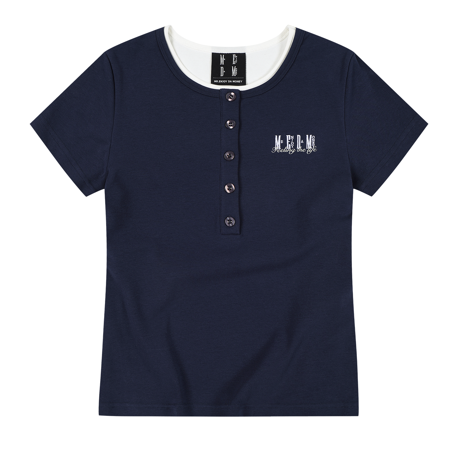 MEDM fake two Henry collar embroidered logo loose casual short sleeved slimming breathable versatile loose T-shirt for women