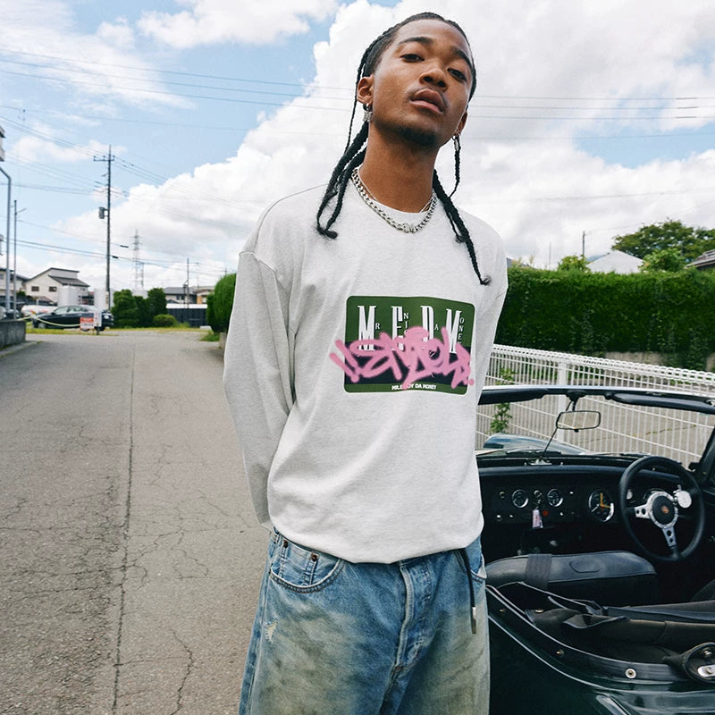 MEDMbox long sleeved T-shirt men's autumn trendy brand American hip-hop retro casual T-shirt loose and versatile pullover top
