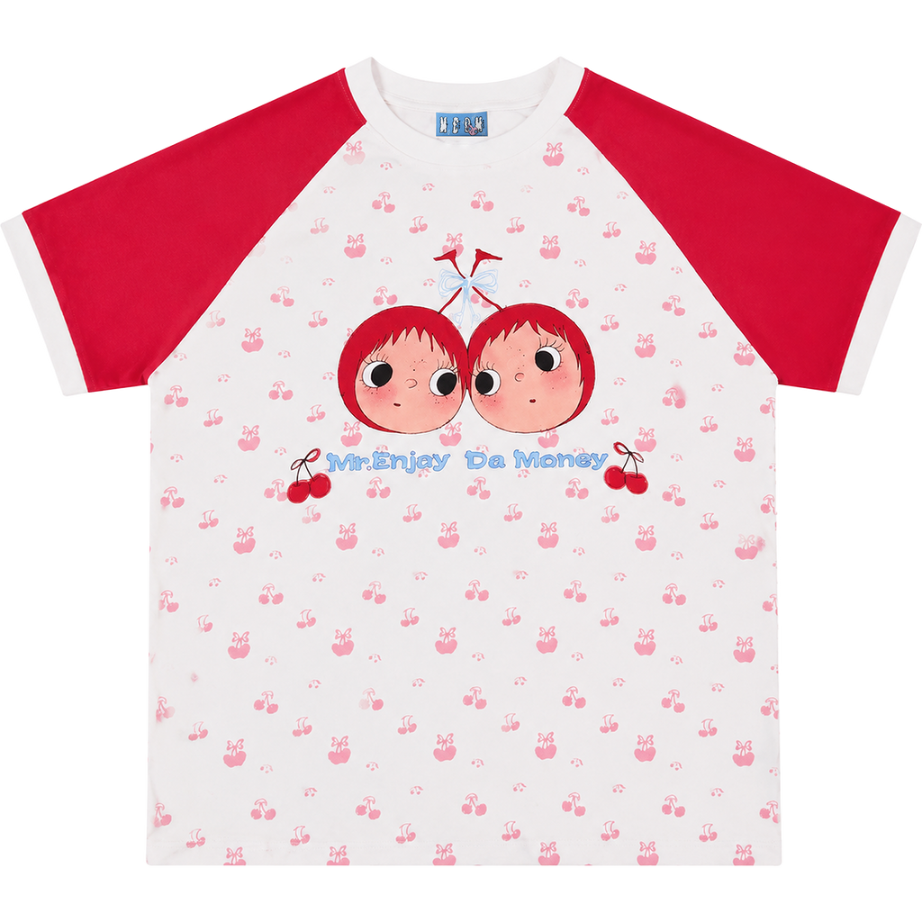 MEDM × YUY Jade Collaboration - Cherry Small Edition Shoulder Insertion Full Print Color Contrasting Casual Round Neck Short Sleeve Trendy Couple T-shirt