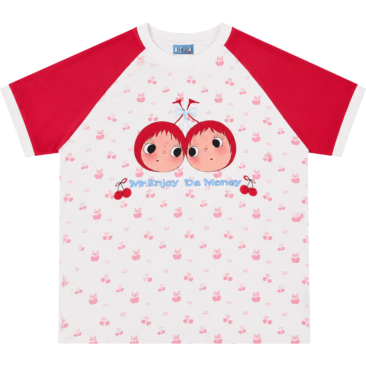 MEDM × YUY Jade Collaboration - Cherry Small Edition Shoulder Insertion Full Print Color Contrasting Casual Round Neck Short Sleeve Trendy Couple T-shirt