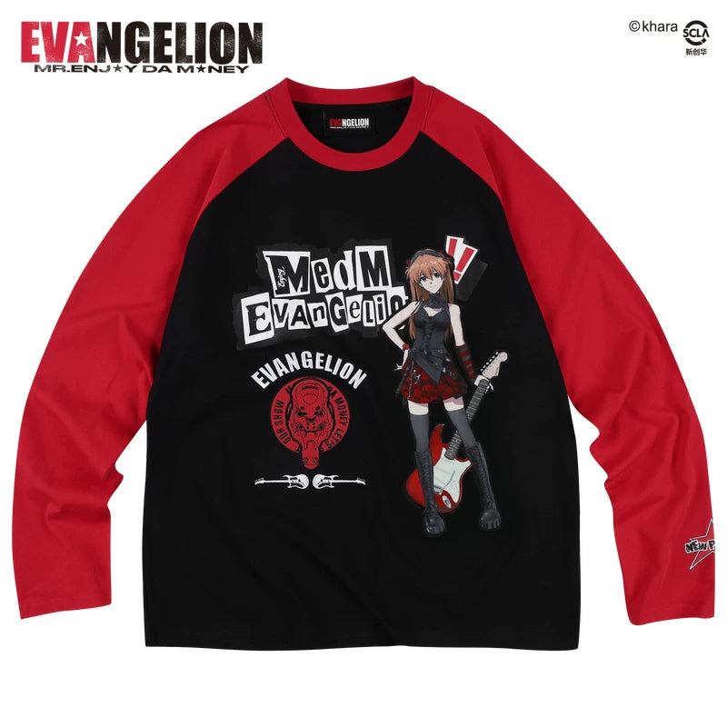 MEDMxEVA NEVER END series character layout with shoulder sleeves, round neck, long sleeved T-shirt, casual patchwork top