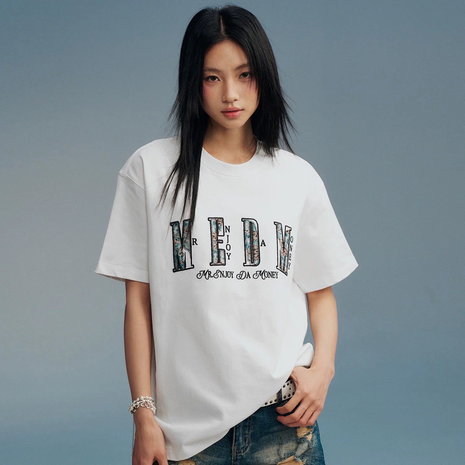 MEDM lace leopard print denim distressed logo sticker casual round neck T-shirt American street loose basic short sleeved shirt