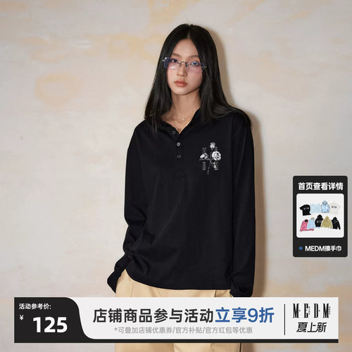 MEDM black and white rose distressed lightweight Henry collar long sleeved T-shirt American casual couple jacket Spring and Autumn