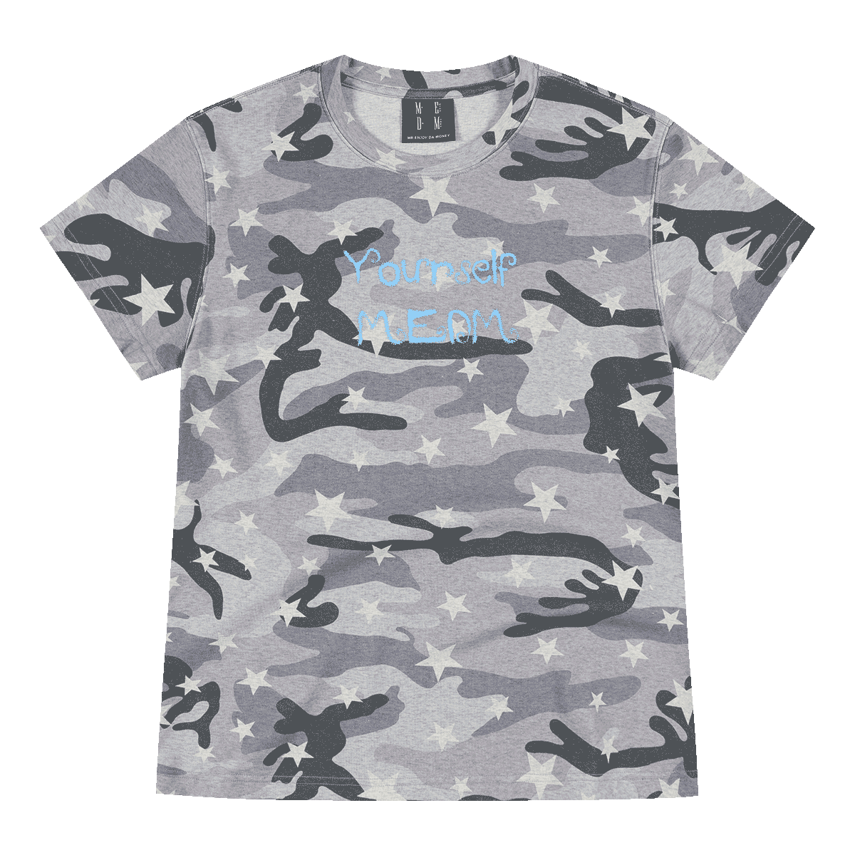 MEDM chest handwritten slogan print camouflage stars full print casual T-shirt American street style round neck short sleeved shirt