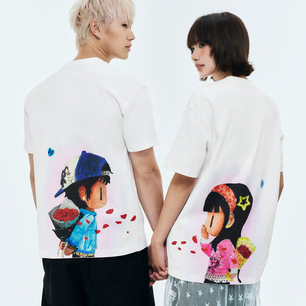 MEDMxNEWMASUS collaboration rose bouquet print casual round neck short sleeved trendy versatile couple T-shirt summer