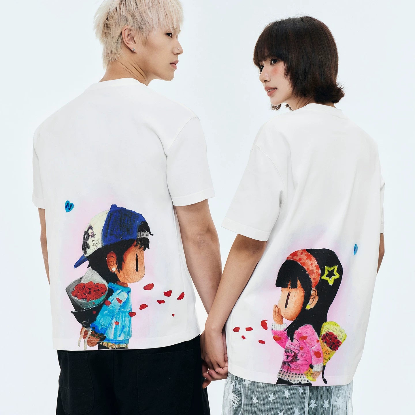 MEDMxNEWMASUS collaboration rose bouquet print casual round neck short sleeved trendy versatile couple T-shirt summer