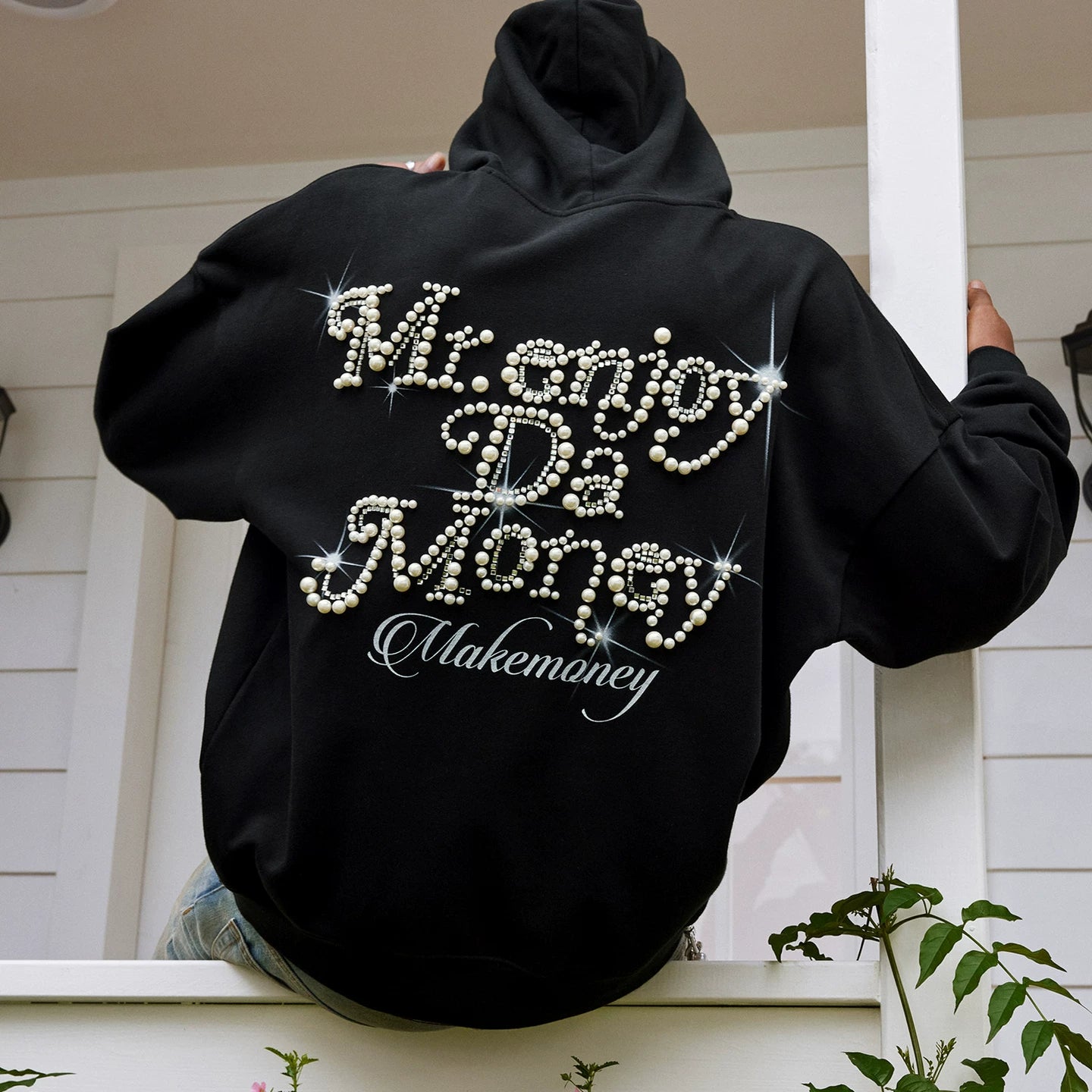 MEDM Nail Bead Flower Font Casual Hoodie Spring and Autumn American Loose Drawstring and Velvet Hoodie Couple Coat