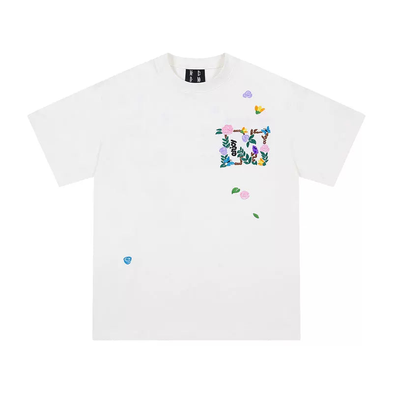 MEDM Embroidered Flower Short Sleeve T-shirt for Men's Summer Trendy Brand Ins American Leisure High Street Versatile Couple Half Sleeve T-shirt