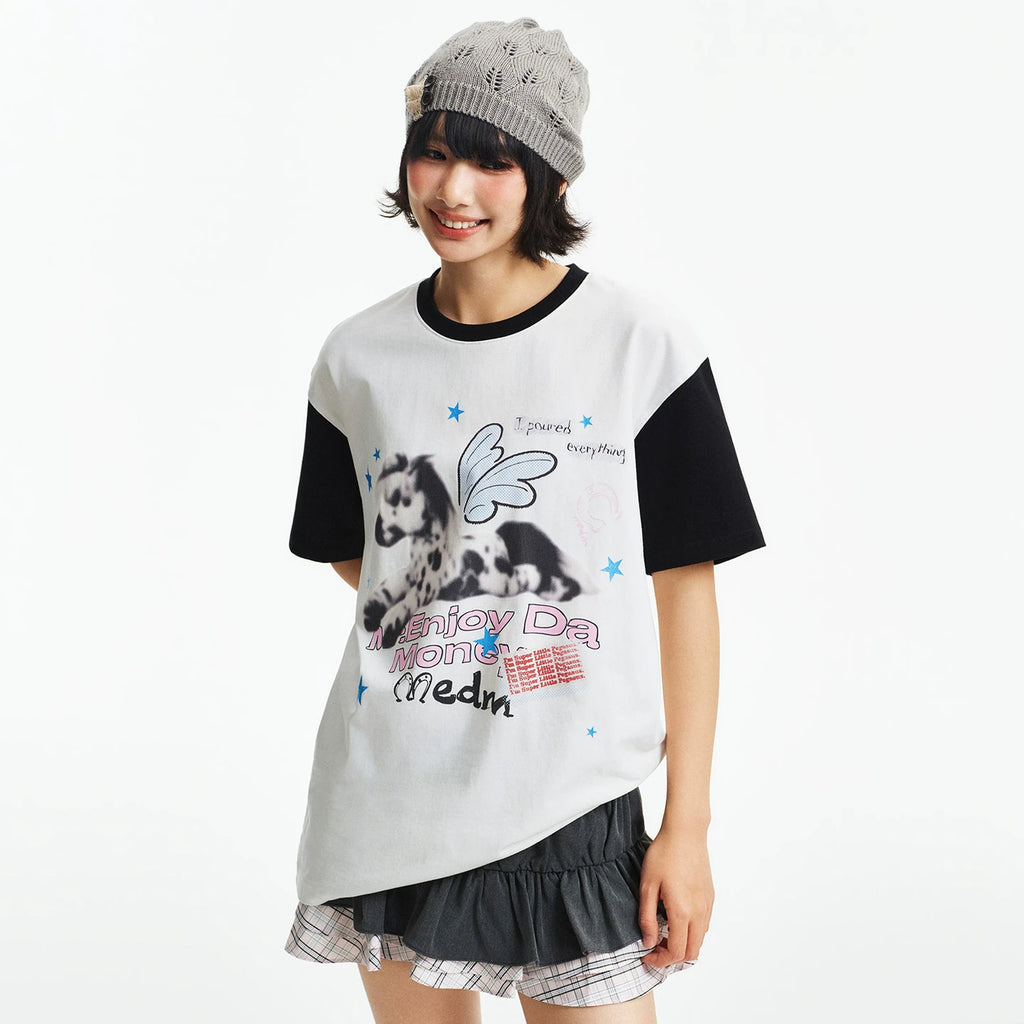MEDM Fuzzy Pony Printed Sparkling Pink Star Personalized Color blocked Sleeve Casual Short Sleeve Trendy Loose Round Neck T-shirt