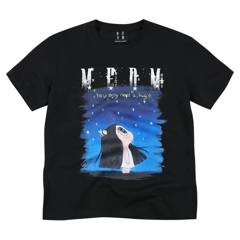 MEDM x Iria's mailbox collaboration looks up at the starry sky with digital print glitter logo short sleeved casual T-shirt for women's summer