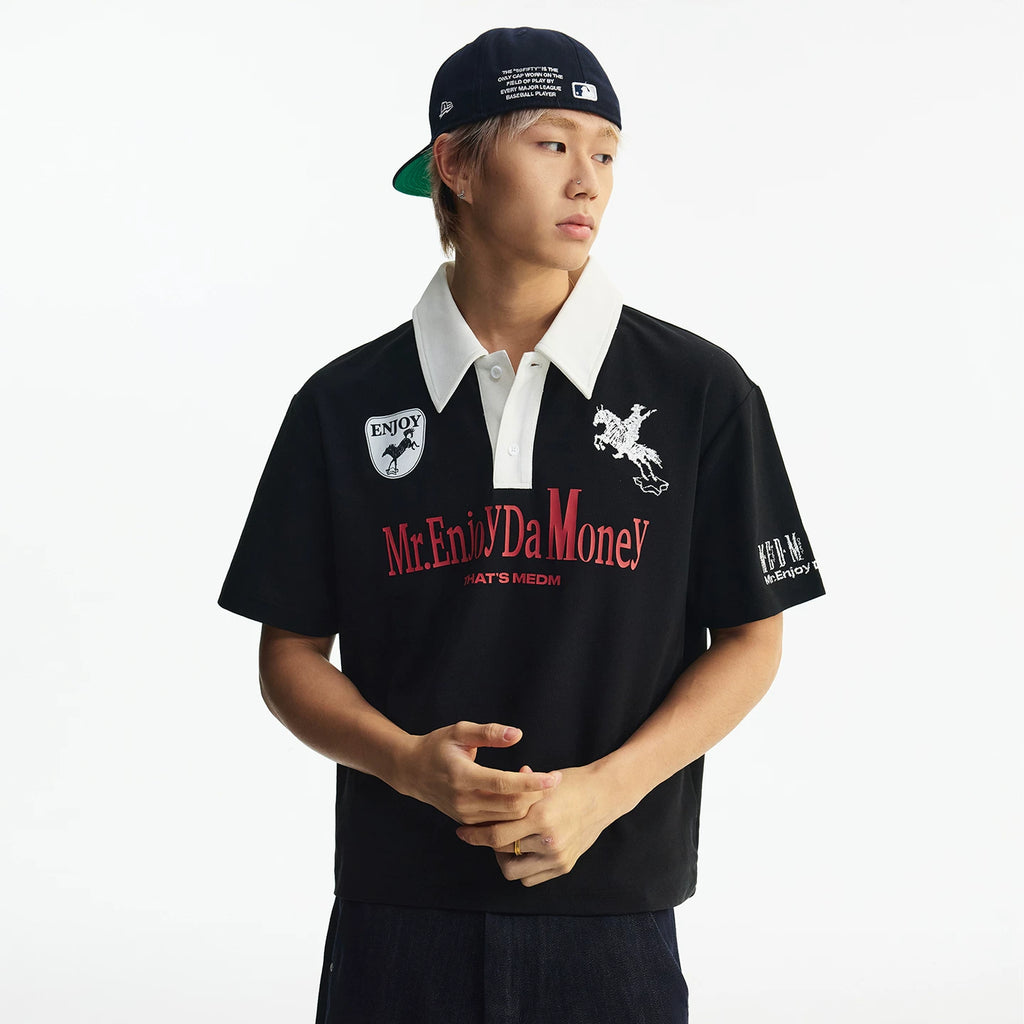MEDM Mustang Step Star Embroidered Casual Polo Short Sleeve Street Loose Personalized Contrast Splicing Collar Top Summer