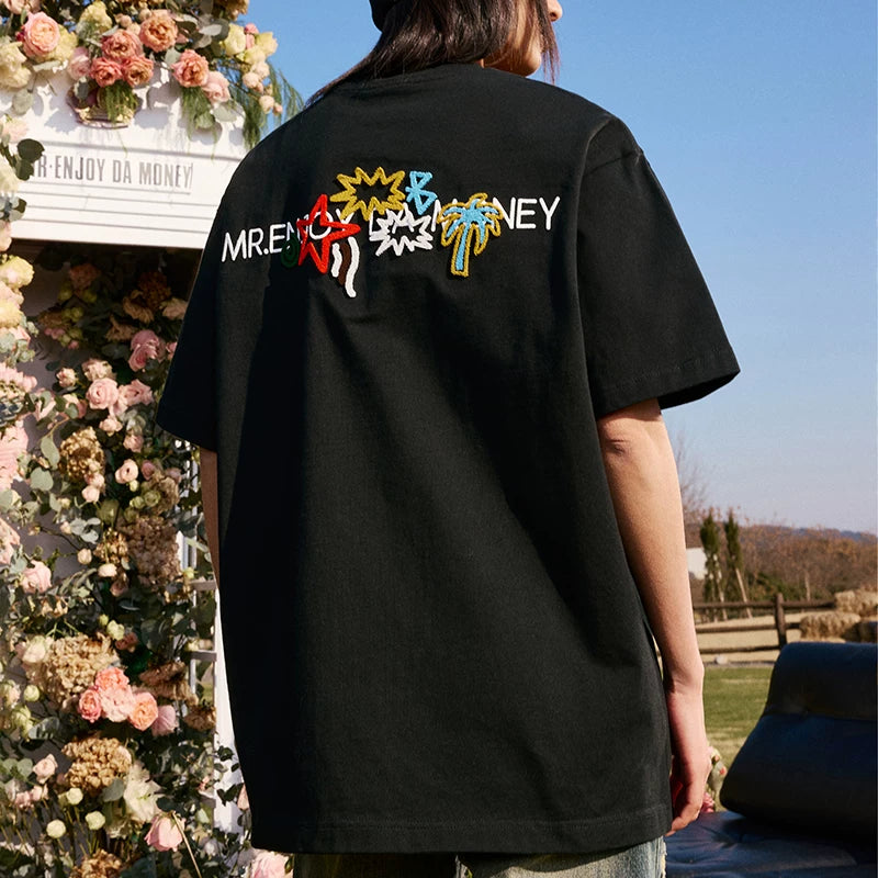 Zhang Xingte's MEDM Coconut Tree Star Toothbrush Embroidered with M Logo Summer Short sleeved T-shirt for Men and Women Loose Trendy Half Sleeve
