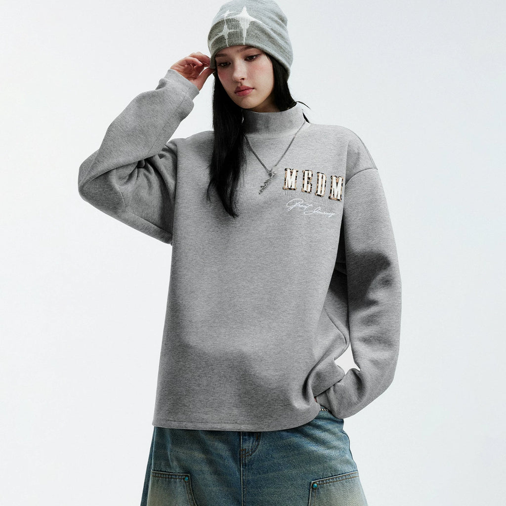 MEDM stand up collar double-layer patchwork logo casual half high collar sweatshirt American versatile men's and women's versatile loose top