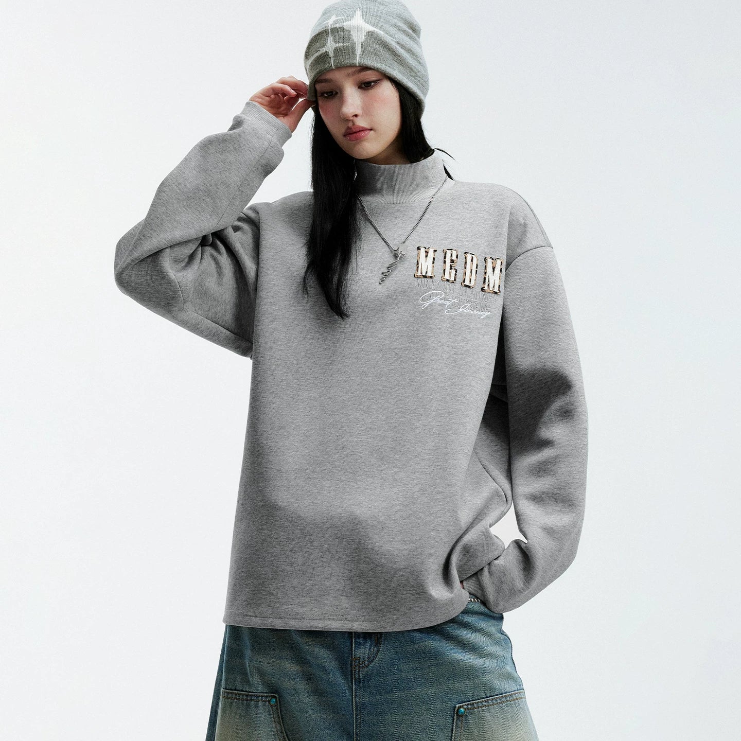 MEDM stand up collar double-layer patchwork logo casual half high collar sweatshirt American versatile men's and women's versatile loose top