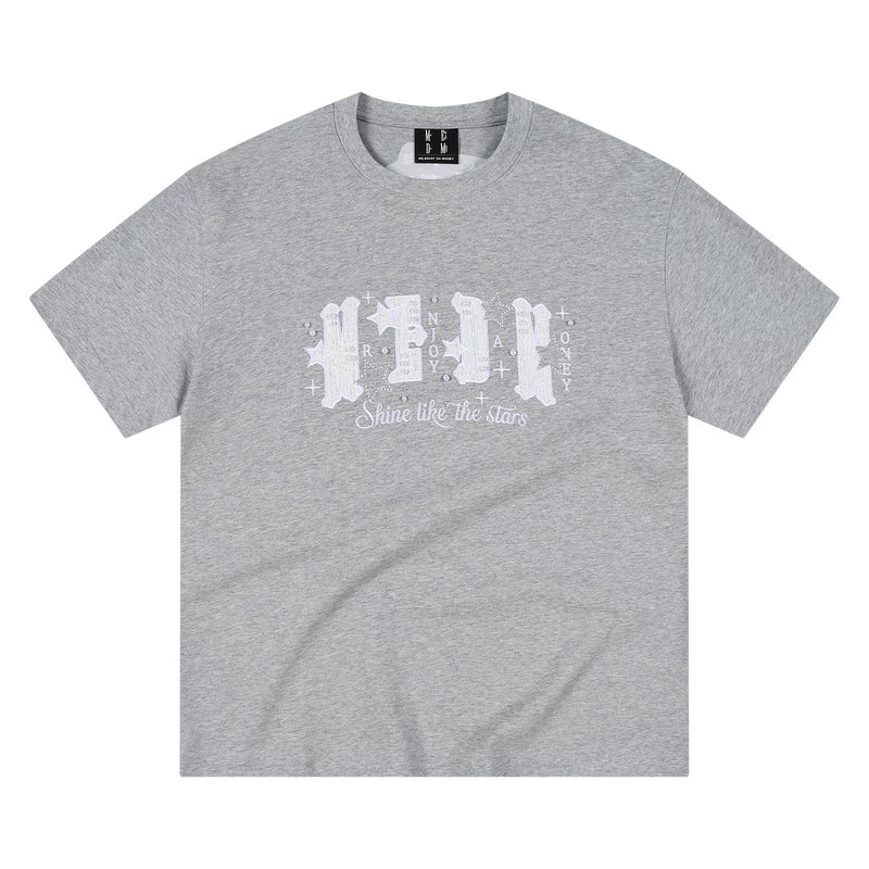 MEDM Little Fragrance Patch Logo Star Pearl Nail Embroidery Casual Short Sleeve Loose Round Neck Couple T-shirt Summer