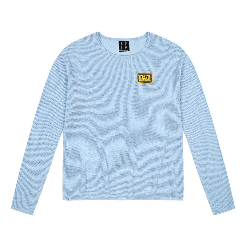 MEDM solid color towel embroidered logo pullover casual round neck mesh shirt 2025 new long sleeved loose knit shirt top for autumn