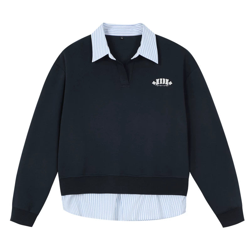 MEDM striped lace fake two-piece long sleeved polo shirt, men's and women's trendy brand loose and versatile casual collar top, autumn
