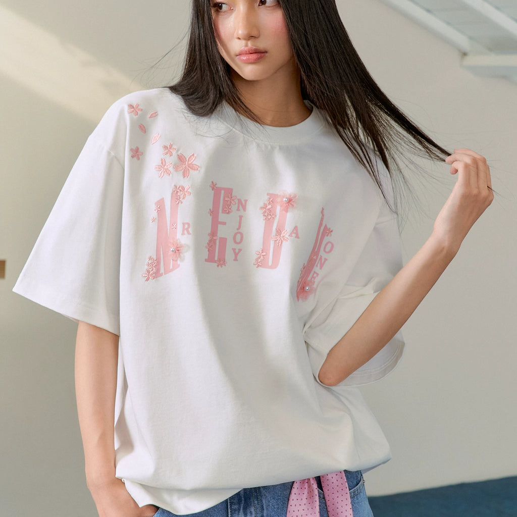 MEDM26SS cherry blossom shoulder over short sleeved men's loose five quarter sleeve summer casual T-shirt couple pullover top women