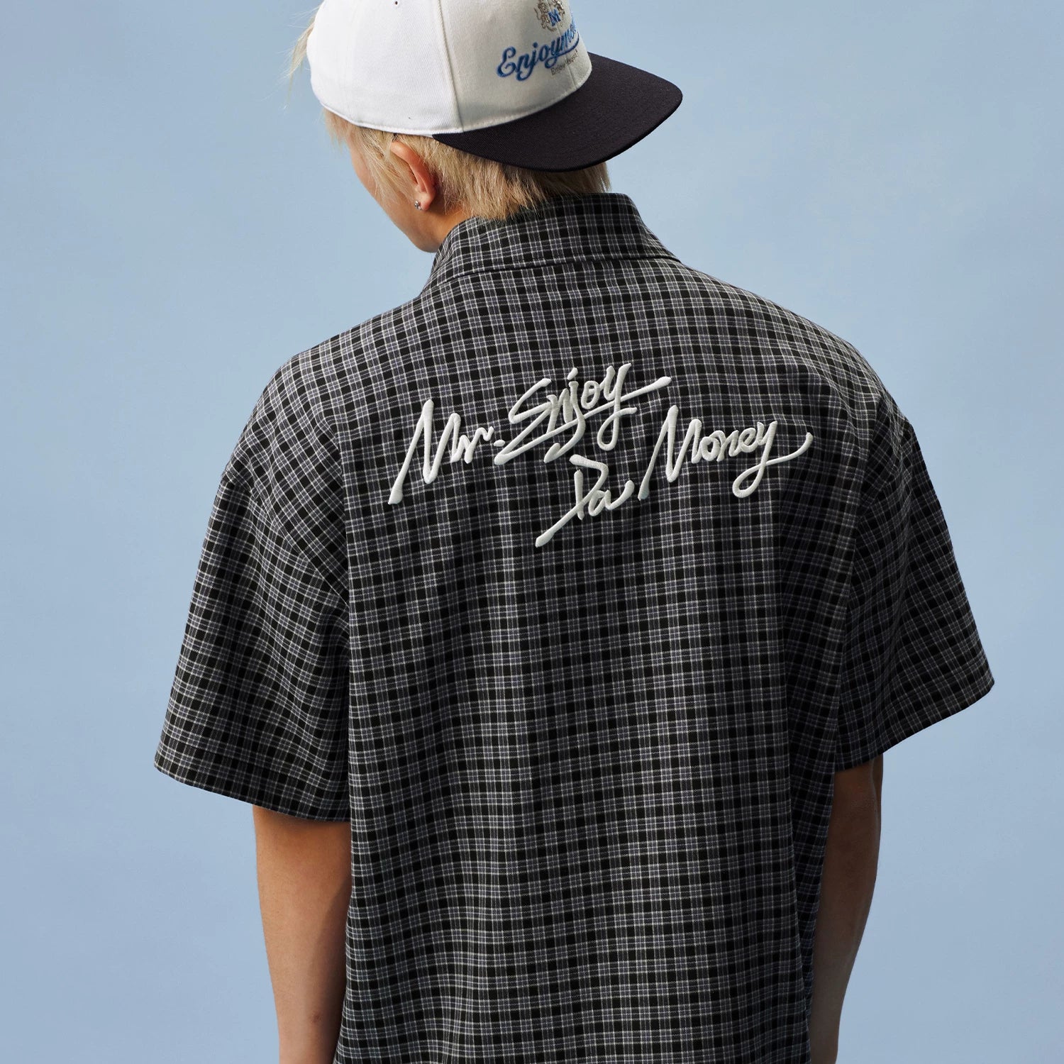 MEDM retro college style embroidered casual plaid shirt American men's and women's loose collared short sleeved plaid top
