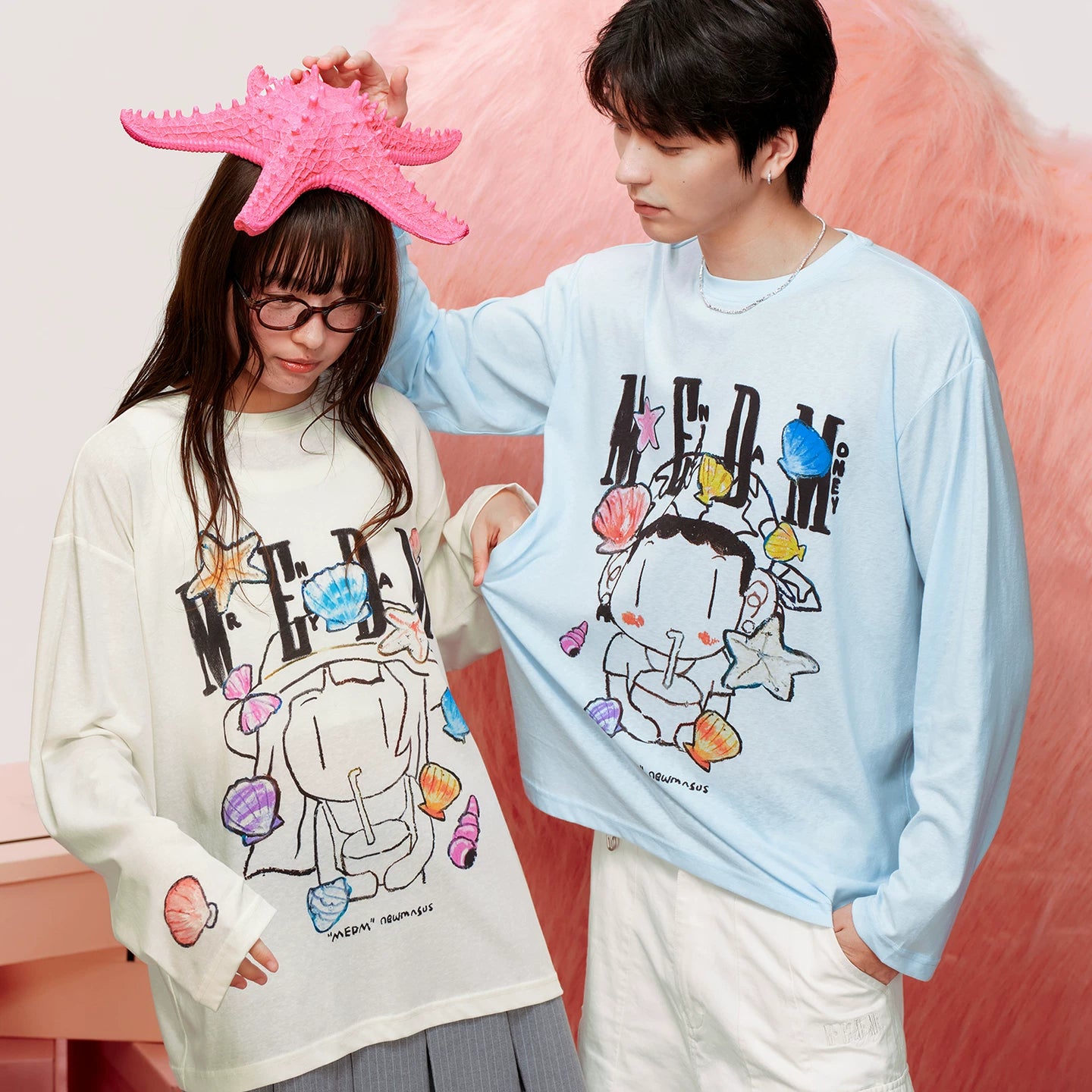 MEDM x NEWMASUS Summer Sea Breeze Round Neck Casual Long Sleeve T-shirt Trendy Brand Loose Couple Top Spring and Autumn