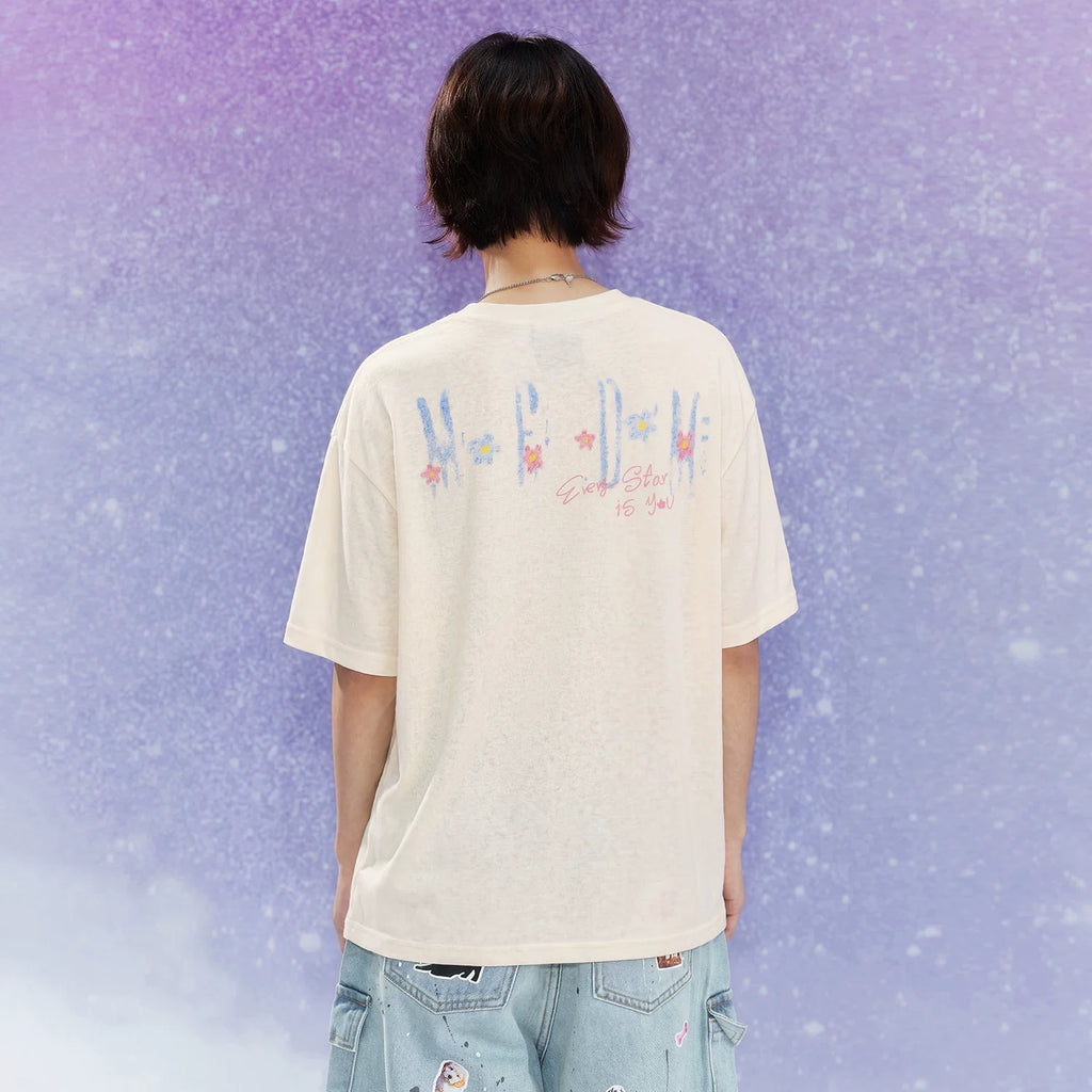 MEDM Dream Illusion Bubble Full Print Flower Sea Dream Sleep Manga Flower Printed Colorful Yarn Casual Short Sleeve Loose Round Neck T-shirt