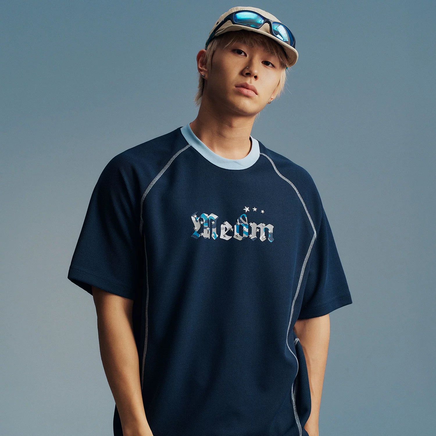 MEDM contrasting color reverse car curve starry sky casual short sleeved high street letter printed functional style loose T-shirt for men