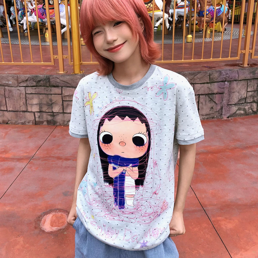 MEDM × YUY Jade Collaboration - Knitted cuffs, collar, contrasting color splicing, casual round neck short sleeved cute style T-shirt for women