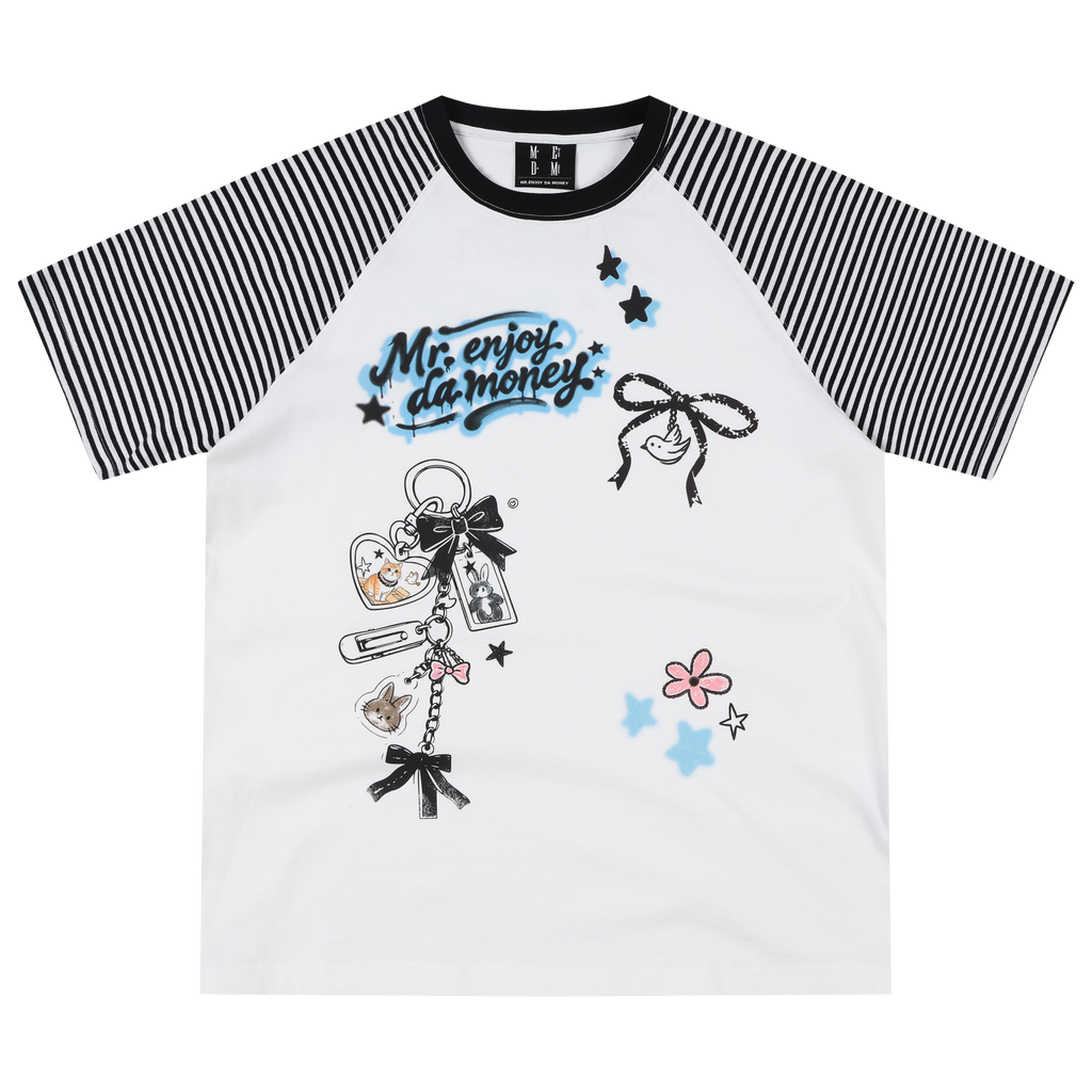 MEDM striped patchwork cute graffiti animal keychain loose round neck T-shirt retro breathable casual short sleeved summer