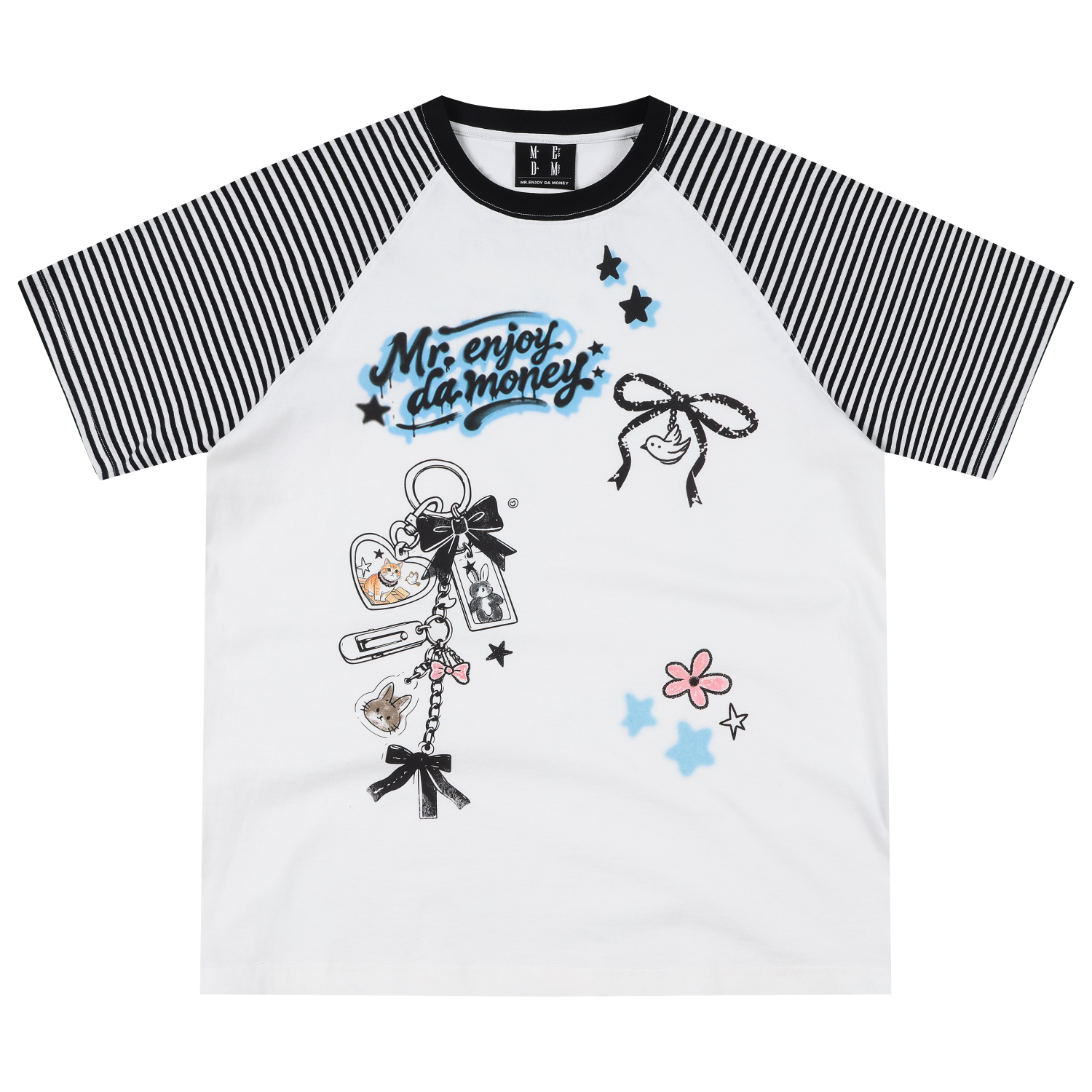 MEDM striped patchwork cute graffiti animal keychain loose round neck T-shirt retro breathable casual short sleeved summer