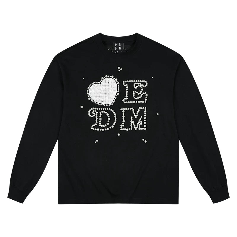 MEDM Love Sticker Small Fragrant Fabric Nail Bead Long Sleeve T-shirt Street Trendy Brand Couple Casual Bottom Shirt Top Autumn