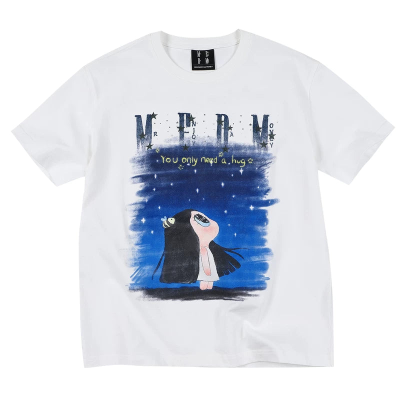 MEDM x Iria's mailbox collaboration looks up at the starry sky with digital print glitter logo short sleeved casual T-shirt for women's summer